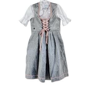 Bavarian Trachten Dirndl Dress Blouse Set Gray Pink Lace Oktoberfest US L